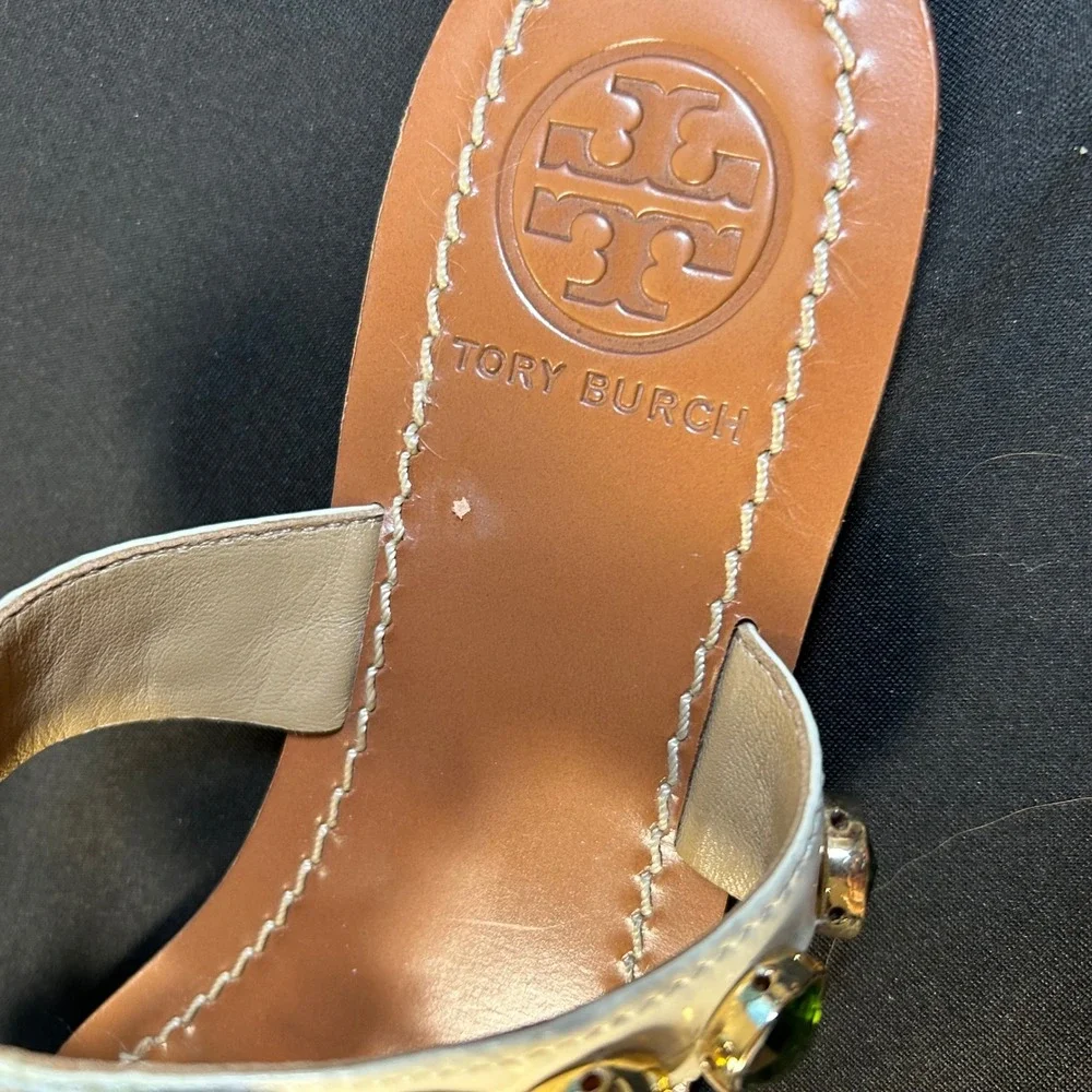 Tory Burch white patent leather green floral gemstone embellished slide sandals
